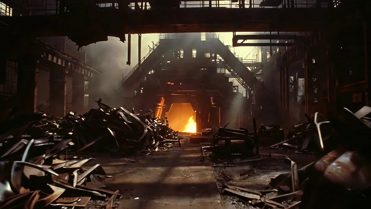 Aluminium scrap beside the orange glow of an industrial furnace.
