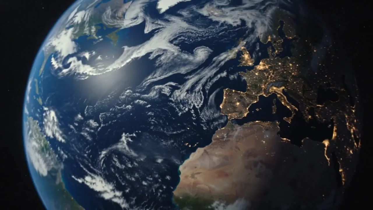 Earth from space, with Europe illuminated at night.